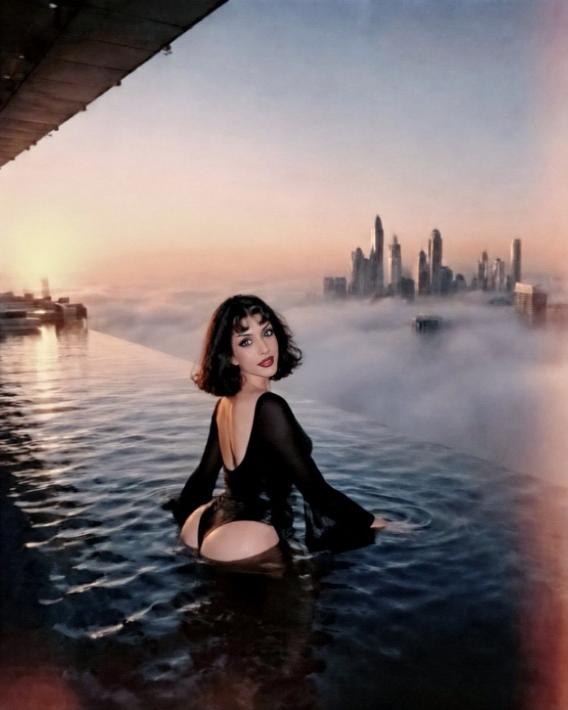 Nia at a private pool above a misty city
